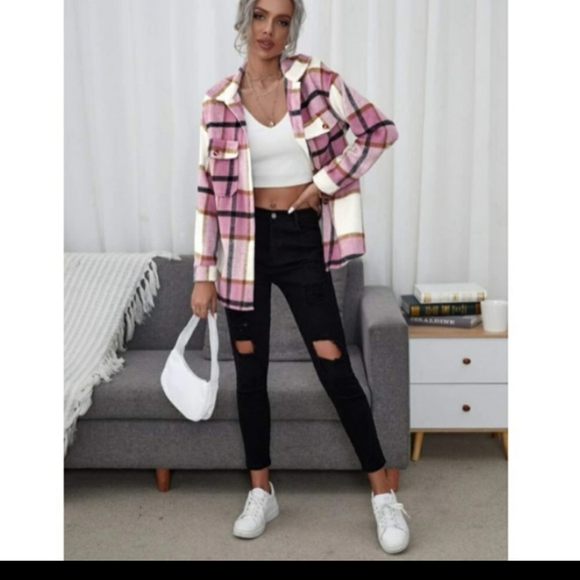 Pink Multicolor Plaid Button Front Coat - Picture 2 of 6